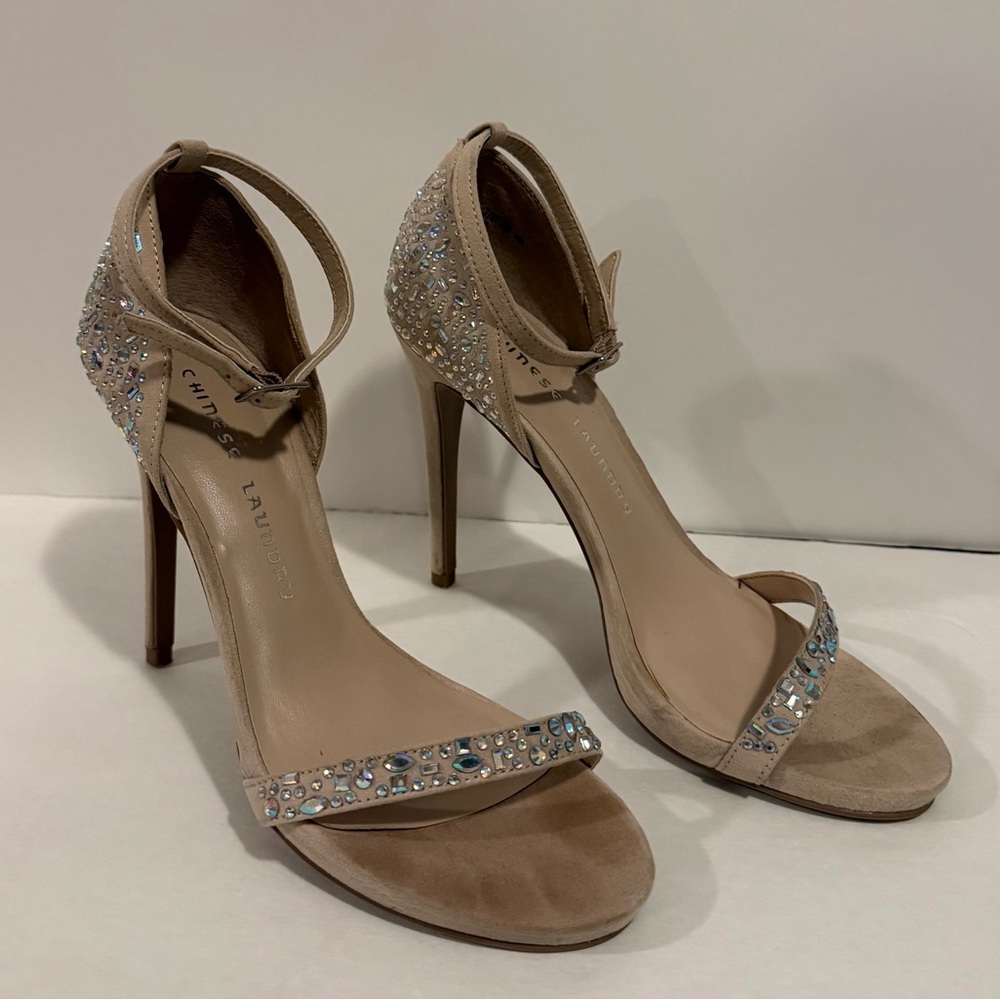 Chinese Laundry Beige Heels with Crystal Embellishments